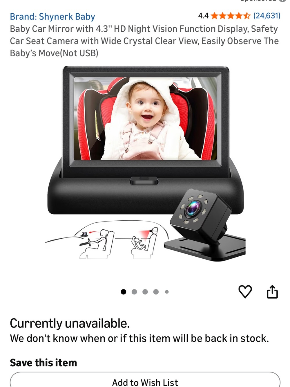 Black 4.3" HD Baby Car Monitor with Night Vision